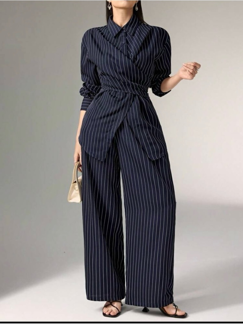 Tailored Pinstripe Wide-Leg Jumpsuit - Navy